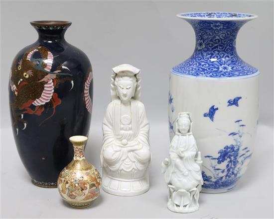 A Japanese cloisonné enamel vase. a Satsuma vase, an Arita type vase and two Chinese blanc-de-chine figures